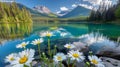 Serene Mountain Lake with Wild Daisies in the Foreground. Generative ai