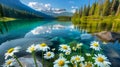 Serene Mountain Lake with Wild Daisies in the Foreground. Generative ai