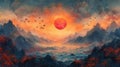 Mountain landscape with red sun Royalty Free Stock Photo