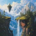 A serene mountain landscape with floating islands and waterfalls