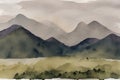 A serene mountain landscape with a forest in muted shades of green, grey, and blue. Generative AI