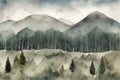 A serene mountain landscape with a forest in muted shades of green, grey, and blue. Generative AI