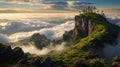 Green Mountain Peak Above the Clouds in Dramatic Scenery with Sunrise Sky Royalty Free Stock Photo