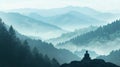 A serene mountain landscape with a meditator in lotus position