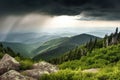 serene mountain landscape with a storm brewing in the distance