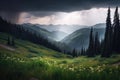 serene mountain landscape with a storm brewing in the distance