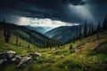 serene mountain landscape with a storm brewing in the distance