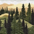 Serene Mountain Landscape Stylized Illustration of Evergreen Forest and Rolling Hills Royalty Free Stock Photo
