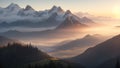 A serene mountain landscape at sunrise, with misty valleys and towering peaks