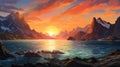 Serene Mountain Landscape: Sunset Scene Digital Wallpaper