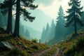 Serene mountain path through a misty forest, sunlit meadow and rolling hills, leading to a distant ridge. Generative AI Royalty Free Stock Photo