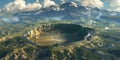 A serene mountain range is suddenly interrupted by a monstrous crater indicating the ferocity of a meteorites collision