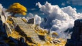 Serene mountain scene with ancient stone steps and vibrant yellow trees under dramatic cloud-filled sky Royalty Free Stock Photo