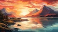 Serene Mountain Sunset: Graphic Illustration Of Scottish Landscape Royalty Free Stock Photo