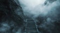 A serene mountain temple barely visible through a dense fog, ancient stairs leading into the unknown, creating an Royalty Free Stock Photo