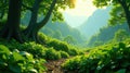 Serene mountain valley path lush greenery, sunlight dappled trail, tranquil forest scene. Generative AI Royalty Free Stock Photo