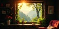 Serene mountain view from rustic cabin window with sunlit plants and dessert. Generative AI Royalty Free Stock Photo