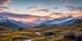 Serene Mountain Vista. Capture a breathtaking sunrise over snow-capped mountains Royalty Free Stock Photo