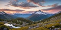 Serene Mountain Vista. Capture a breathtaking sunrise over snow-capped mountains