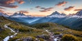 Serene Mountain Vista. Capture a breathtaking sunrise over snow-capped mountains Royalty Free Stock Photo