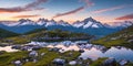 Serene Mountain Vista. Capture a breathtaking sunrise over snow-capped mountains Royalty Free Stock Photo