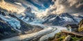 Serene mountain vista with glacier and elevated viewing platform. Generative AI Royalty Free Stock Photo
