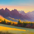 A serene mountain vista during sunset, Warm colors painting the landscape