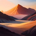 A serene mountain vista during sunset, Warm colors painting the landscape, Long shadows stretching across rugged terrain