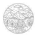 Serene Mountain Waterfall Landscape Lineart Illustration Royalty Free Stock Photo