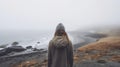 Back of woman in hoodie and beanie on black sand beach in foggy winter weather