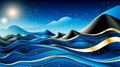 Serene mystical fantasy blue-toned landscape with golden highlights and stylized waves