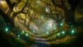 Enchanted Forest Path with Glowing Orbs and Waterfall Royalty Free Stock Photo