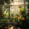 Serene and Mystical Greenhouse with Lush, Vibrant Plants