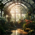 Serene and Mystical Greenhouse with Lush, Vibrant Plants