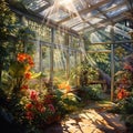 Serene and Mystical Greenhouse with Lush, Vibrant Plants