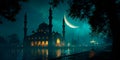 serene and mystical scene featuring the Crescent moon and a beautifully lit mosque, capturing the essence of a peaceful