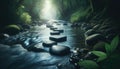 Enchanted Forest Stream with Stepping Stones, AI Generated Royalty Free Stock Photo