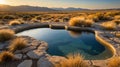 Desert Oasis Hot Spring at Sunrise with Mountain Backdrop Royalty Free Stock Photo