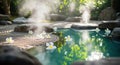 Serene natural hot spring waterfall surrounded by lush greenery and rocks illustration Royalty Free Stock Photo