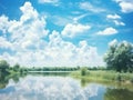 A body of water with trees and grass