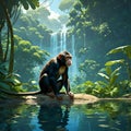In front of a waterfall, there is a monkey seated on a rock beside a tree Royalty Free Stock Photo