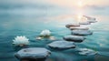 Rocks floating on water with lotus flowers, a tranquil natural landscape Royalty Free Stock Photo