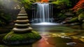 Zen Stone Stack by Waterfall in Serene Forest Royalty Free Stock Photo