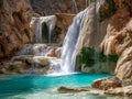 Serene natural waterfall cascading over rugged rocks into a turquoise pool surrounded by steep cliffs and lush greenery in a Royalty Free Stock Photo