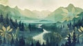 Serene Nature: Tranquil Lake, Lush Forest, and Misty Mountains Digital Artwork Royalty Free Stock Photo