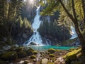Serene nature view captures a radiant waterfall nestled within a forest, illuminated by the warm embrace of bright sunlight