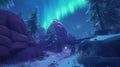 A serene neon tundra under an artificial glowing aurora.