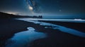 Serene Nightscape: Milky Way over Black Sand Beach Royalty Free Stock Photo