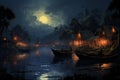 Serene Night river boats. Generate Ai