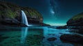 Majestic Waterfall Flowing into Tranquil Lake Under a Breathtaking Starry Night Sky Royalty Free Stock Photo